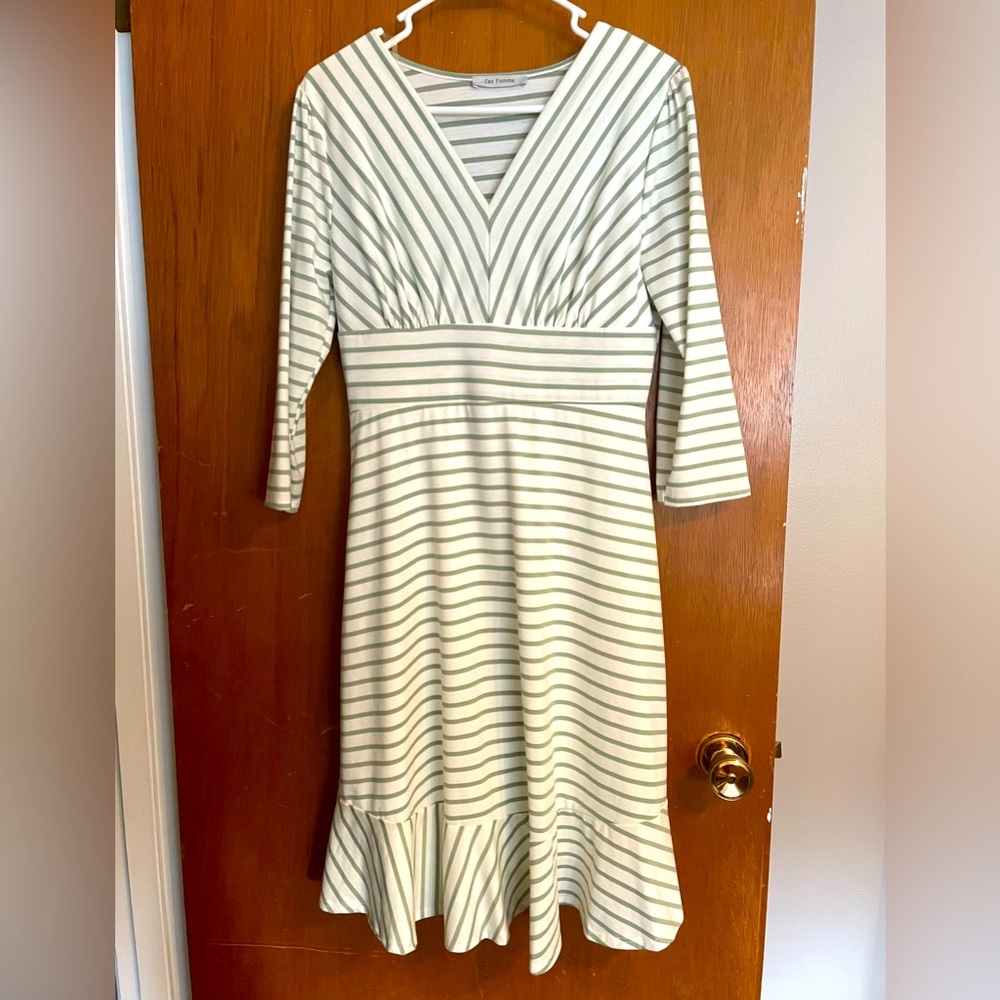 Ces Femme Green/White Striped Knee Length Dress (Medium)